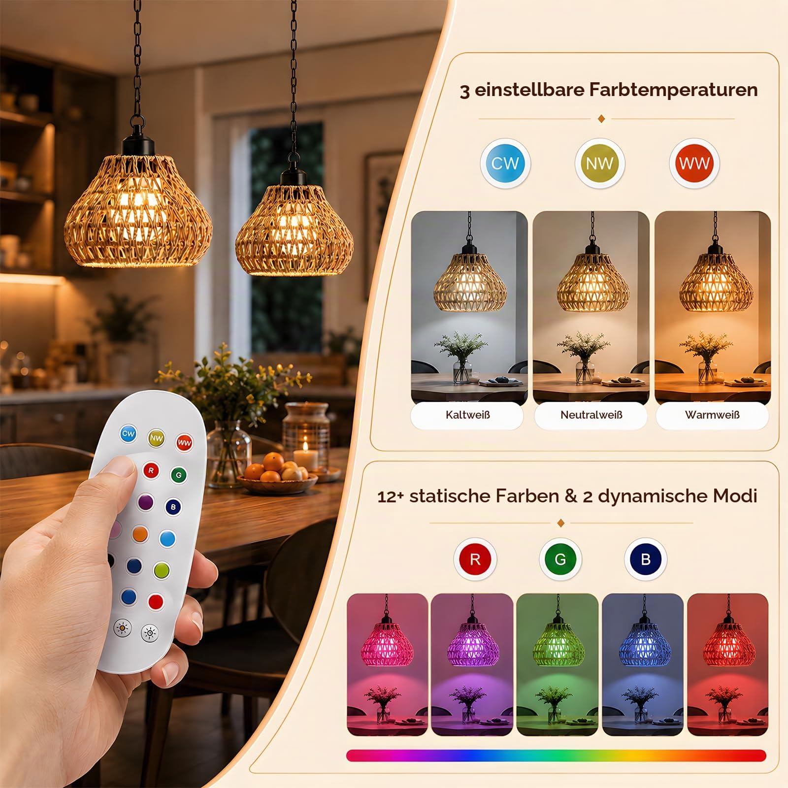 2 Stück hängelampe outdoor mit Fernbedienung, Boho Batteriebetriebene Lampe Hängeleuchte Ohne, IP65 Hängeleuchte Boho Rattan, Tragbare für Innen Außen Garten Terrassen Schlafzimmer Esstisch