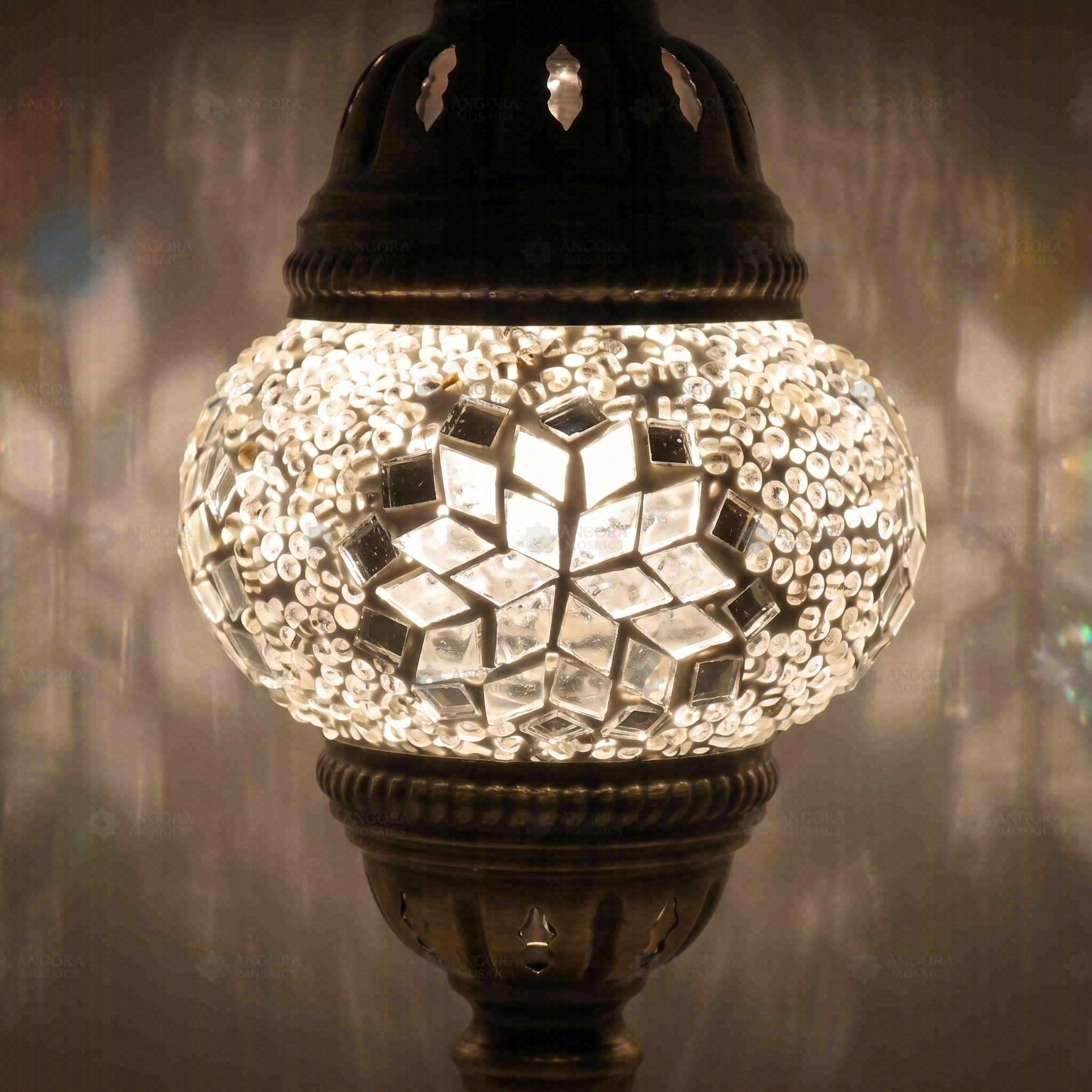 ENVA Biała lampa stołowa z mozaiką, turecka lampa mozaikowa, lustrzany wzór gwiazdy, ręcznie robiona marokańska lampka nocna na biurko, przezroczyste szkło