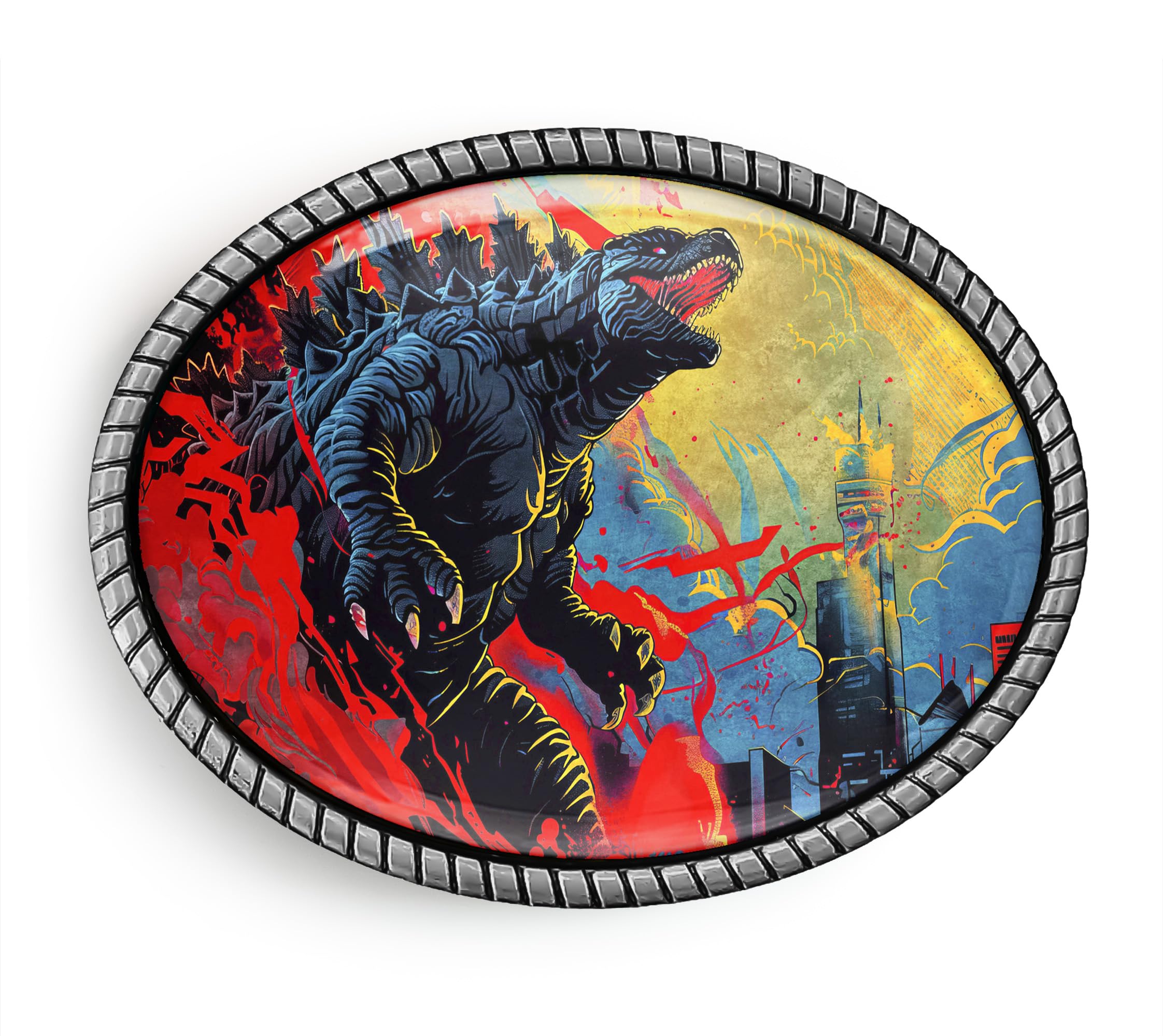 Japanese Monster Belt Buckle - Dragon Monster Movie Comic Art Oval Belt Buckle - 657 (Antique Silver)