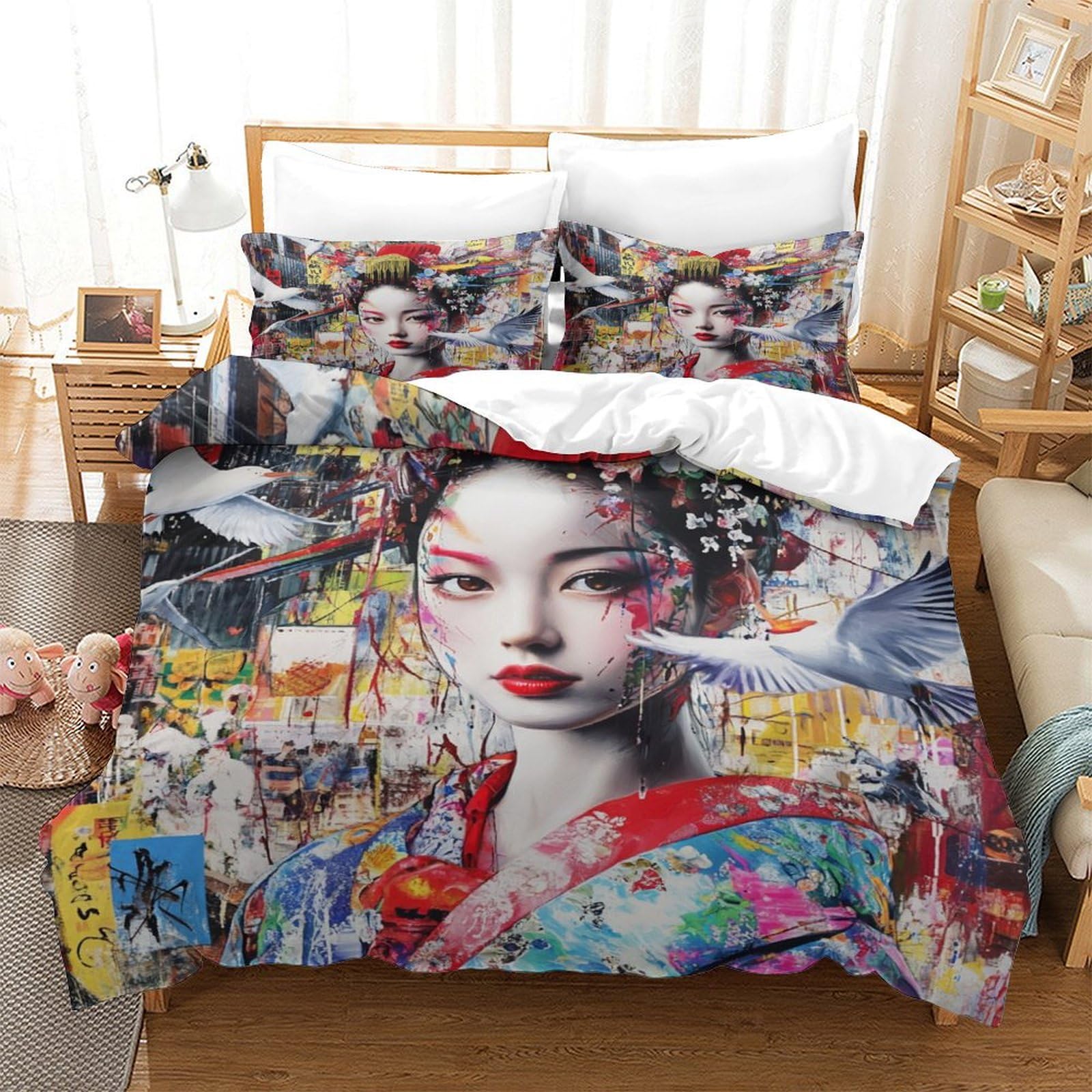 XPASHIQWC 3D Printing Duvet Cover Japanese Geisha Comforter Cover Colorful Graffiti With Zipper Closure Bedroom Dorm Decor for Kid Teens Boys And Girls Double（200x200cm）