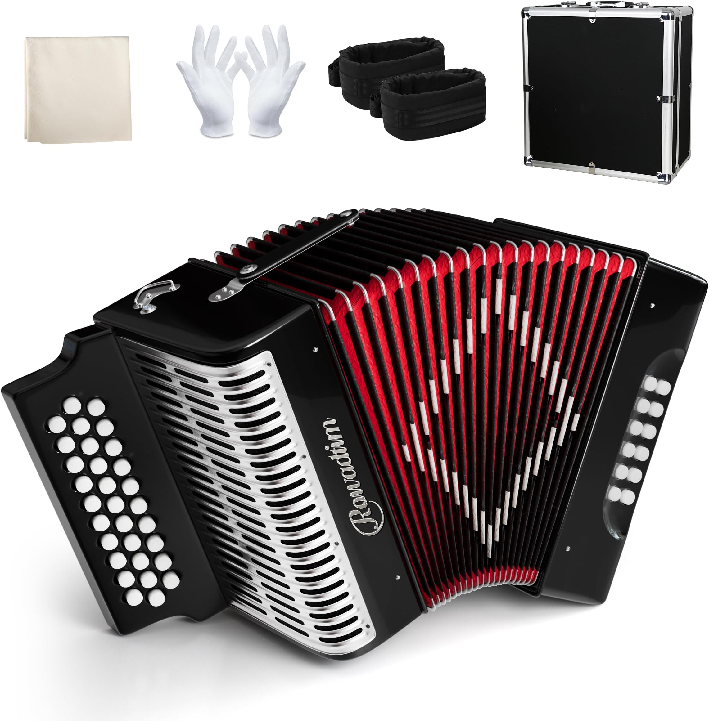 Accordion - 31 Key Diatonic, 12 Bass Buttons (G/C/F Tuning), Push-Pull Isochord Design, Beginner-Friendly Adult Set with Case, Gloves & Cleaning Wipes (Black)