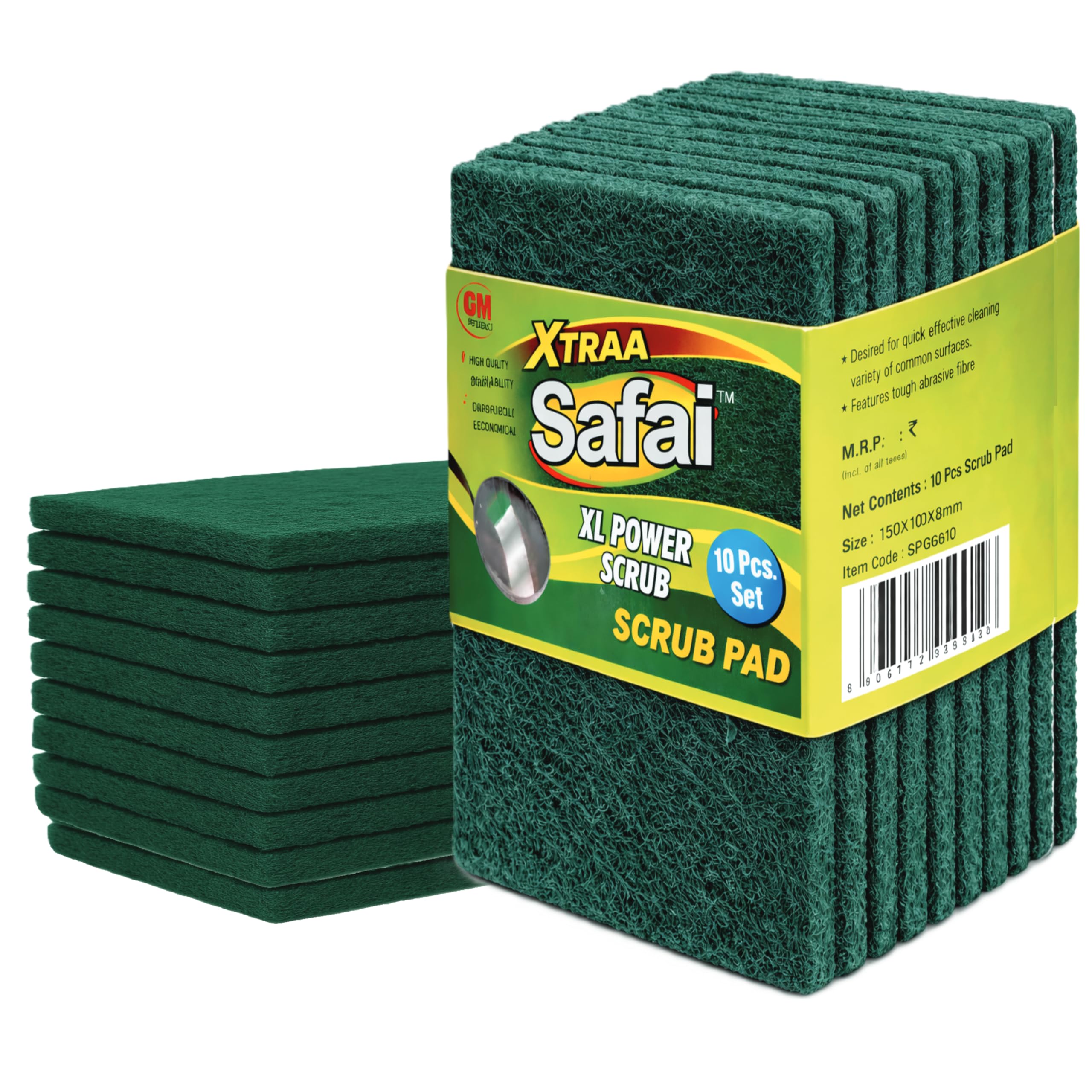 Green Scrub Pad | 10 mm Thick | 4″ × 6″ Heavy-Duty Cleaning Pad | Multipurpose Utensil & Surface Scrubber | Pack of 10-image-28