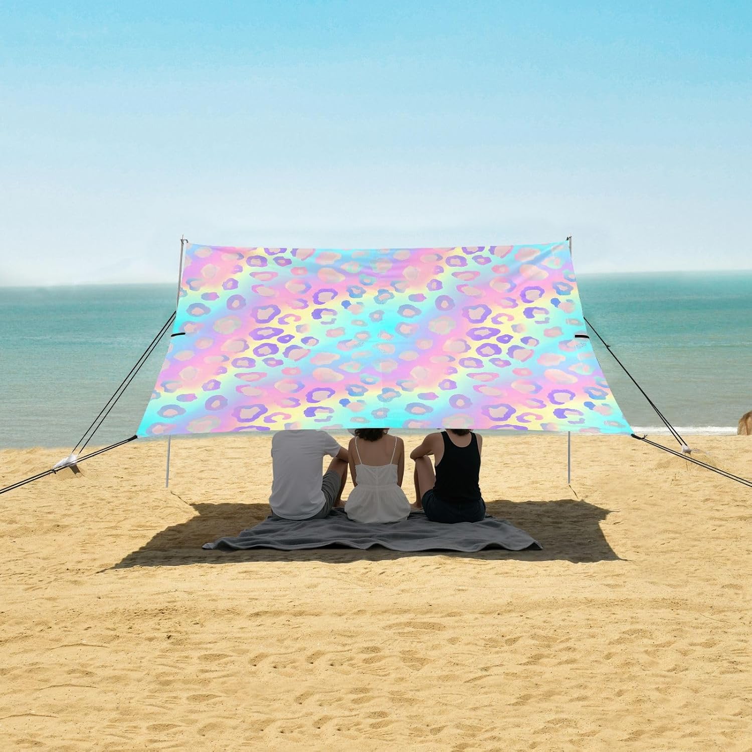 ALAZA Leopard Cheetah Print Rainbow Gradient Beach Tent Sun Shelter UPF50+ Protection Beach Shade Canopy w/ 4 Sandbags for Outdoor Camping, Fishing, Backyard Fun, Picnic, 10x9 ft