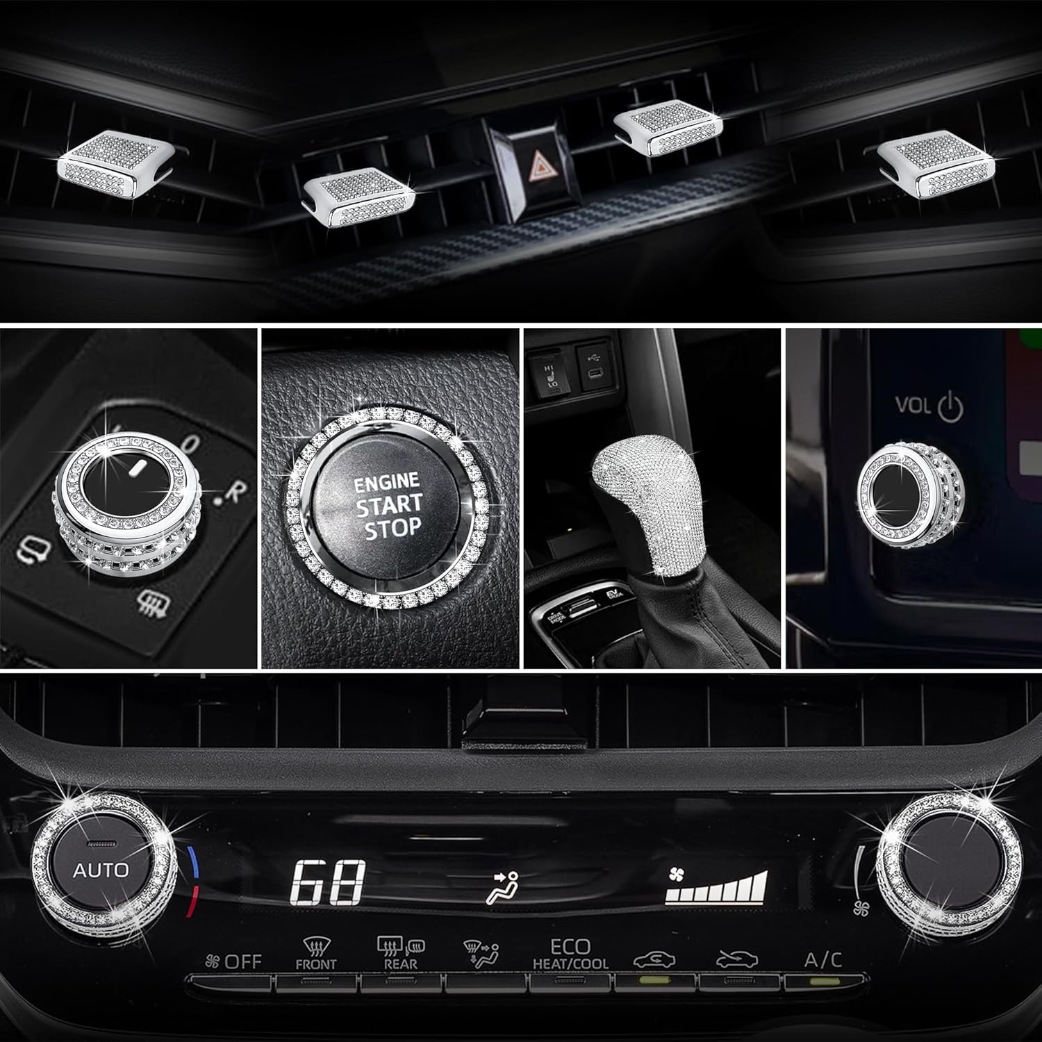 10PCS Crystal Knob Cover Trim Set - Zinc Alloy Rhinestone Interior Bling Accessories, Stylish Control Knob Caps Compatible with 2019-2026 Toyota Corolla & 2022-2026 Corolla Cross