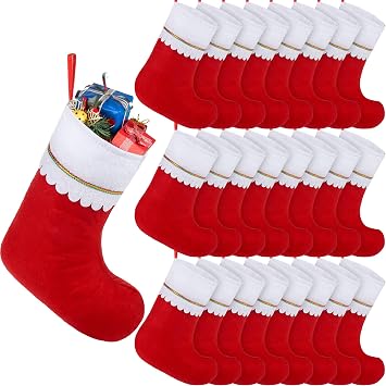 Fovths 24 Pack Red Christmas Felt Stockings 15 Inch Red White Christmas Stocking Stuffer with Trim Accents Red Ribbon Christmas Tree Fireplace Hanging Stockings for Christmas Party Favors Holiday