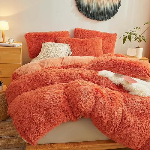 Miniatura 208 de Juego de funda de edredón rosa esponjosa tamaño Queen – Juego de ropa de cama de felpa de pelo sintético rosa de 3 piezas