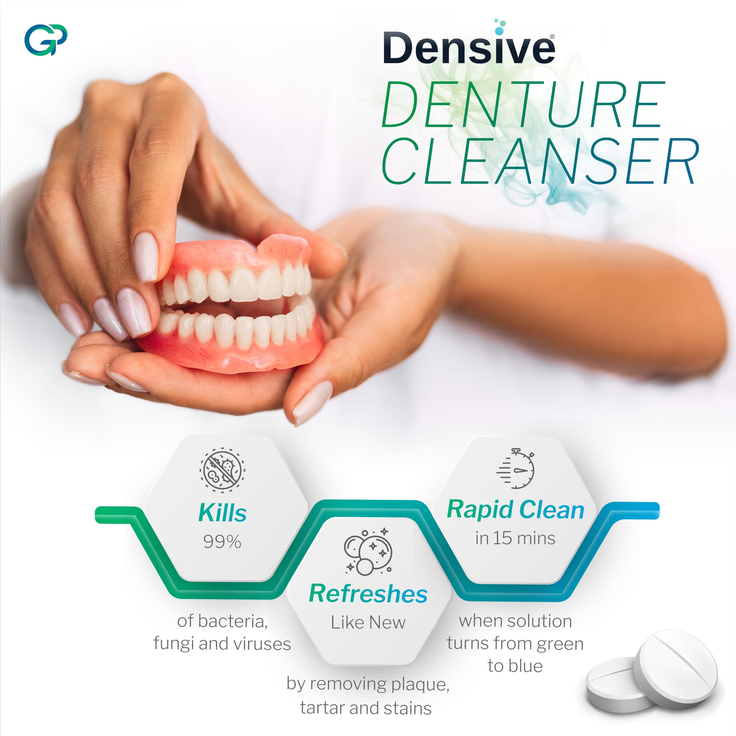 Densive Antimicrobial Denture Cleanser Tablets (90 Tablets) with Color-Changing Technology for Effective Cleaning and CASTUS Manual Denture Brush (pack of 1) (combo pack) 1