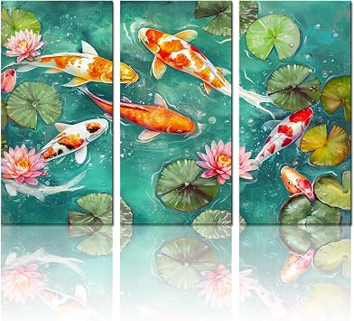 Biuteawal 3 Piece Carp Wall Art Canvas Koi Fish in Lotus Pond Picture Prints Green Pink Lotus Artwork Traditional Chinese Painting Poster for Living Room Bathroom Spa Room Decor Gallery Wrap