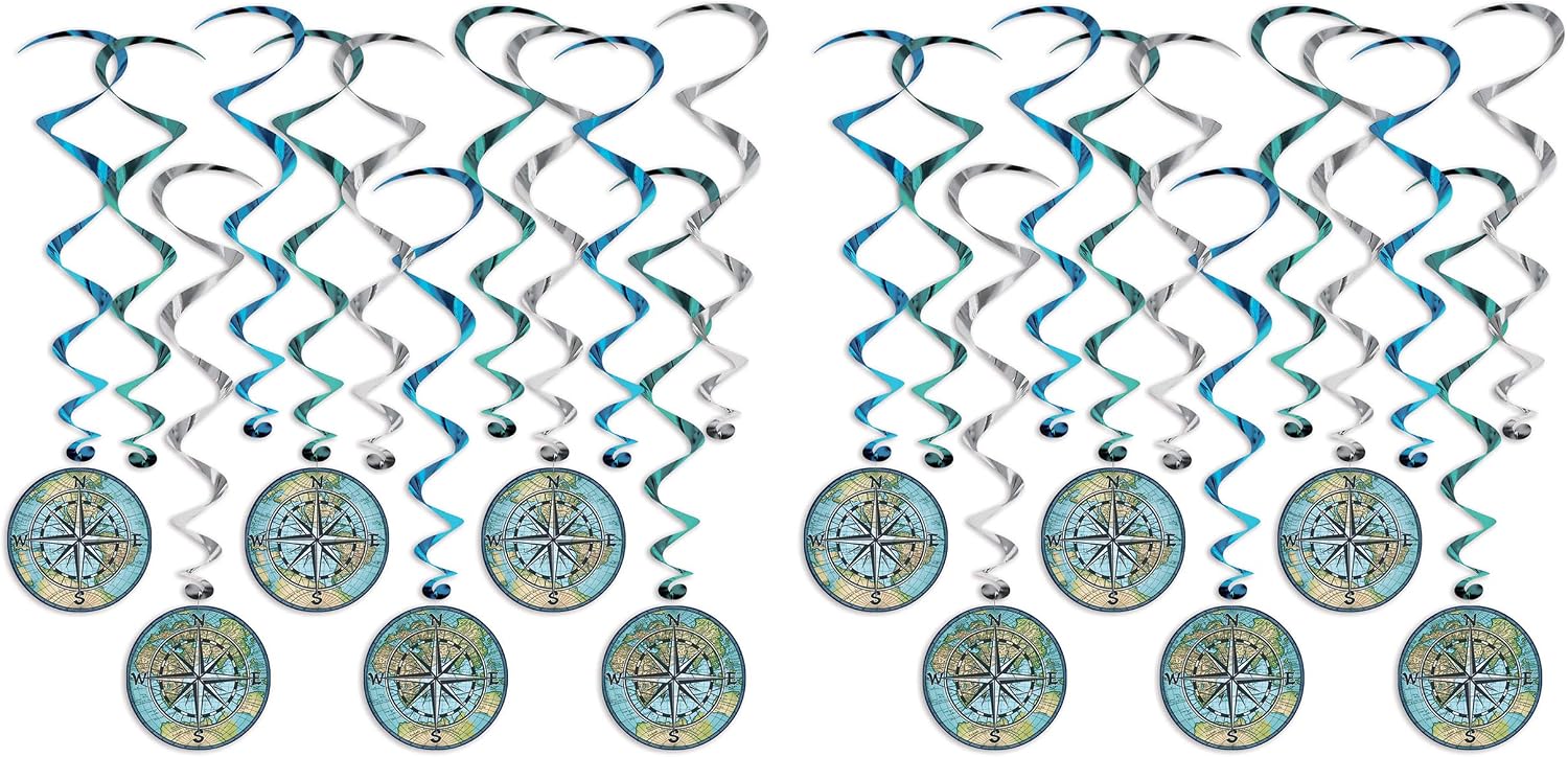 Beistle Bon Voyage Whirls 24 Piece World Traveler Party Supplies Going Away Retirement Decorations Hanging Spirals, 15"- 28", Blue/Green/Yellow/Black/Silver