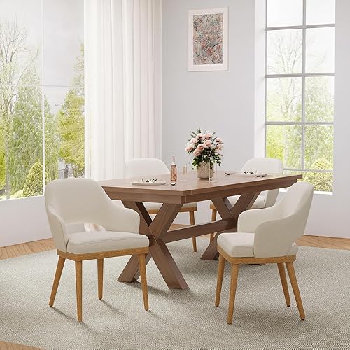 Miniatura 9 de Juego de 4 sillas de comedor de madera, silla de comedor tapizada de tela moderna, sillas auxiliares de cocina, silla de cena de granja con respaldo