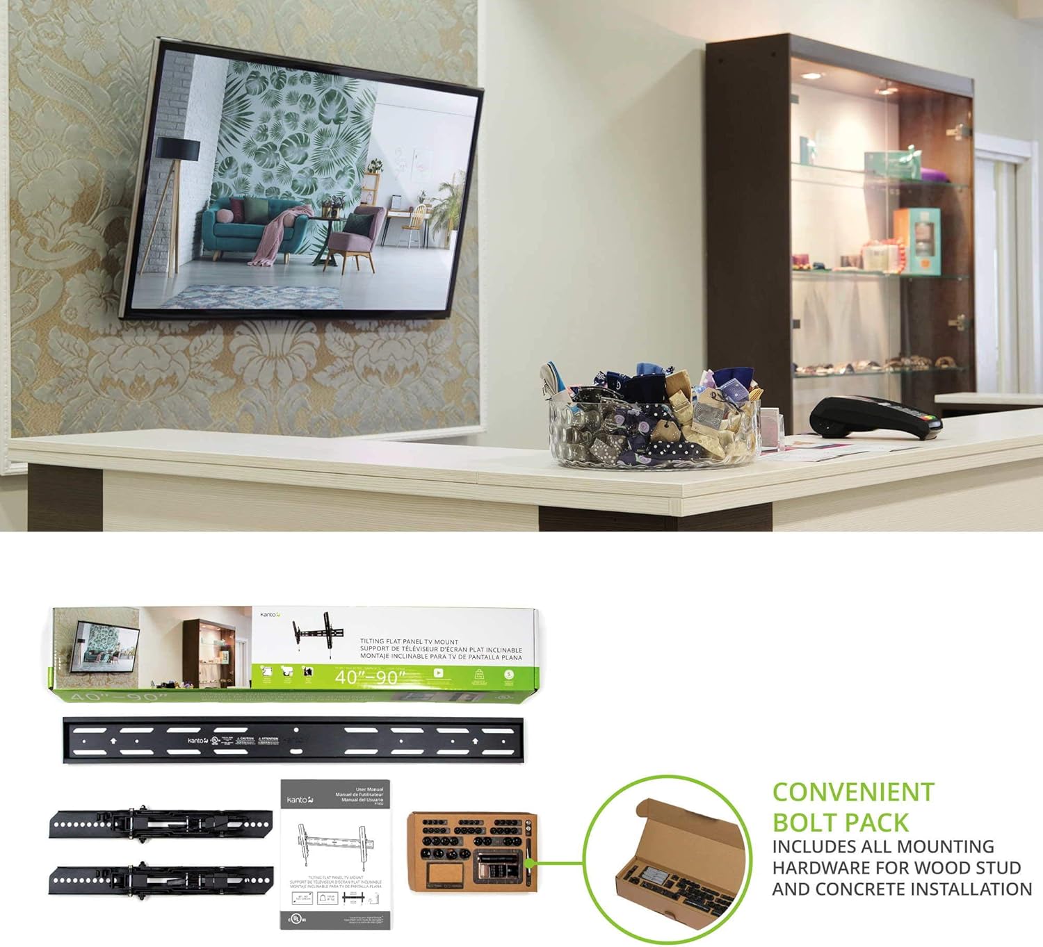 Crazy Clearance Kanto PT400 Tilting TV Mount for 40 to 90 TVs | Up to 150 lb | VESA 800 x 400 | 12° of Tilt | Low Profile Design | Extra Wide Wall Plate