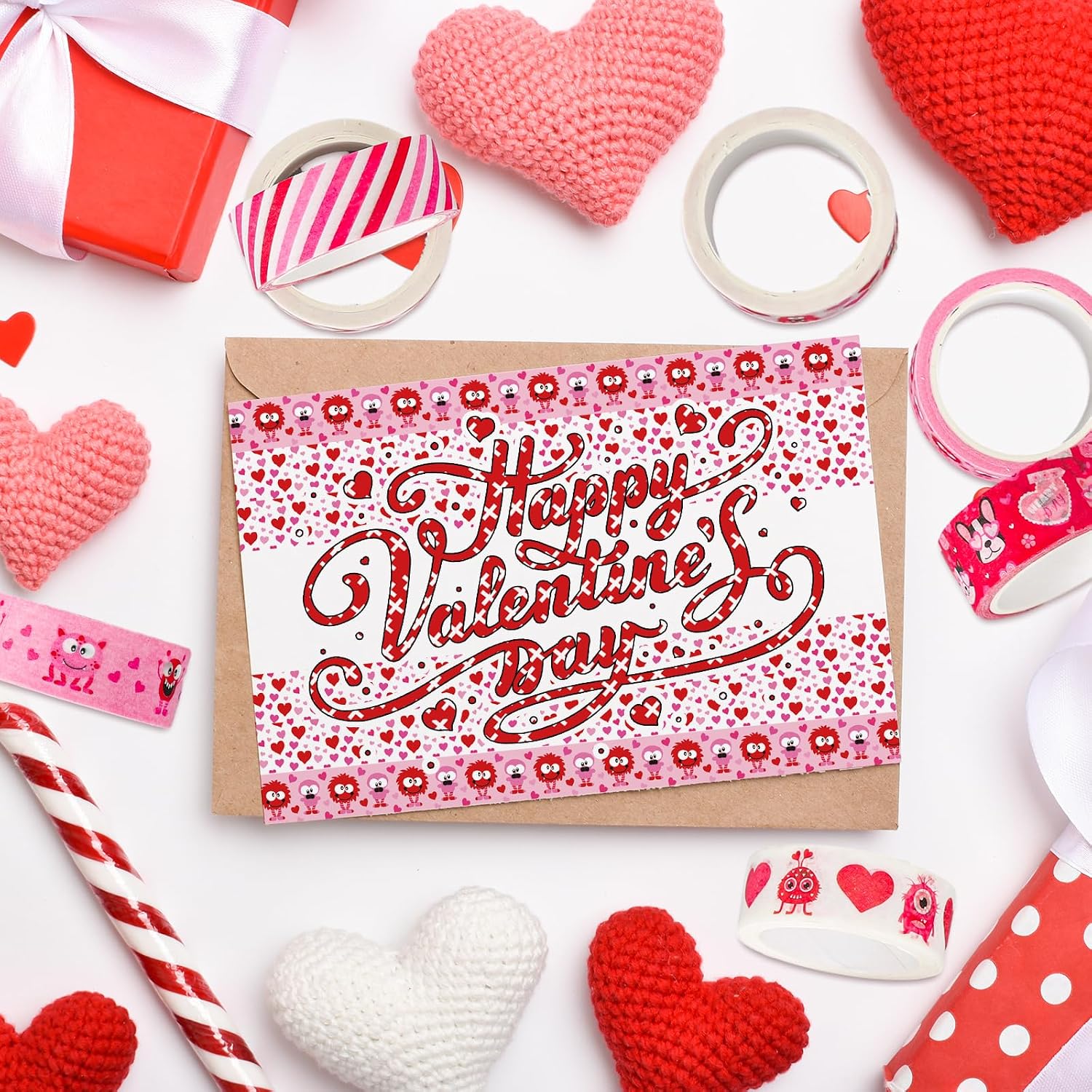Whaline 12 Rolls Valentine’s Day Washi Tape Cute Monsters Washi Tape Red Pink Masking Decorative Gift Wrapping Paper Tape for DIY Craft Scrapbook Envelope Party Favor Supplies