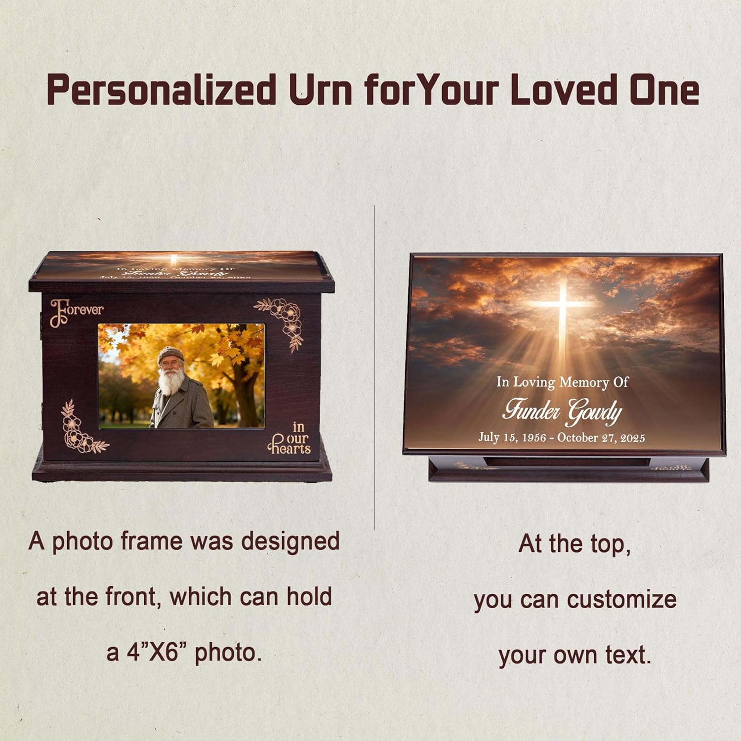 Custom Urns for Human Ashes Adult Male Female Personalized Wooden Urns for Men Women Decorative Funeral Memorial Urns Angel Wing Cross Pattern (Cross) - Image 2