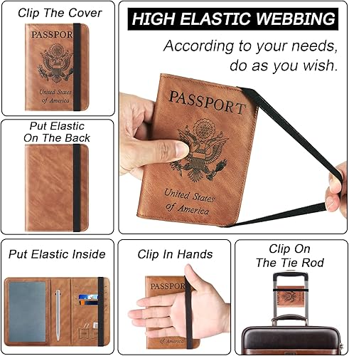 Miniatura 4 de Portatarjetas de pasaporte y vacuna combinada, funda tipo cartera, cartera de viaje de cuero con bloqueo RFID para hombres y mujeres, Marrón