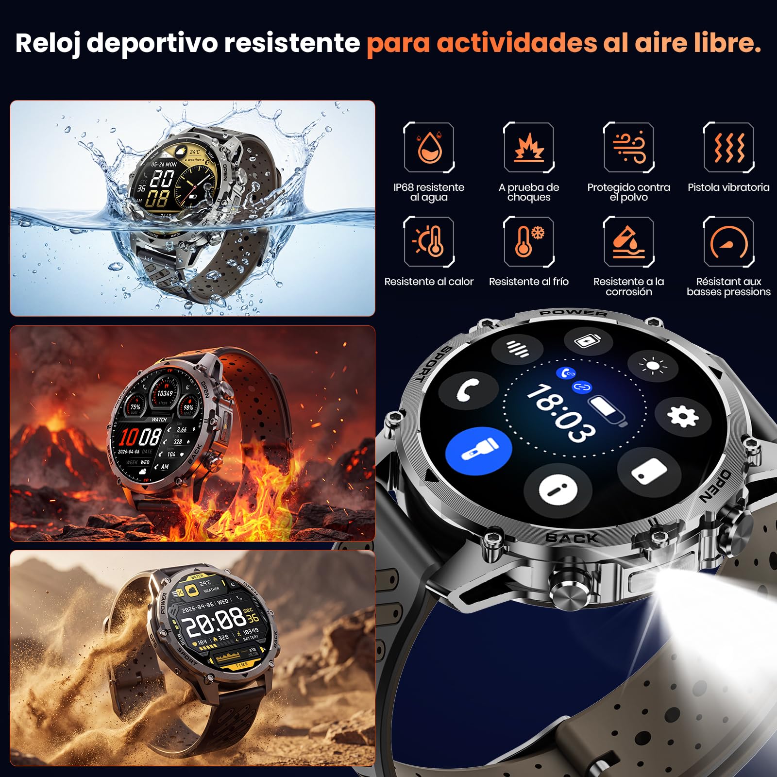Militar Reloj Inteligente Hombre GPS, 1100 mAh, 1,7" Smartwatch, 2 Correas