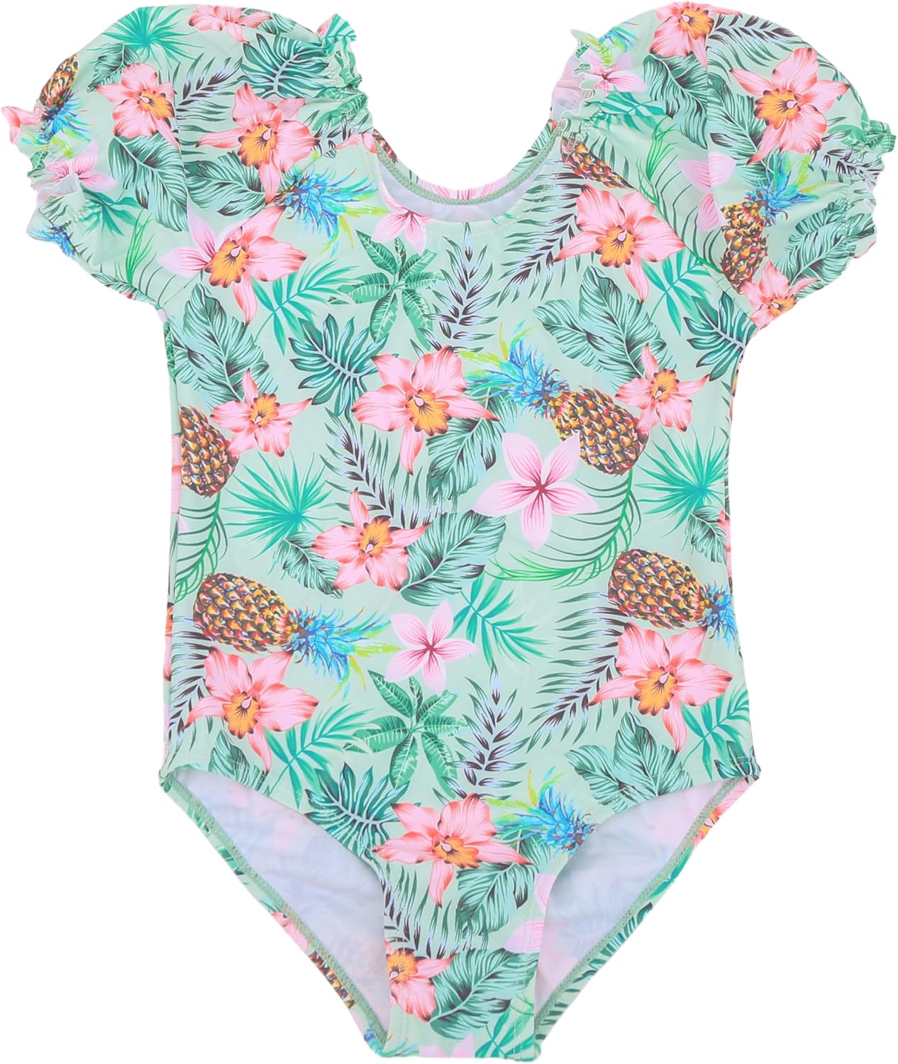 LIZENS Girls' One-Piece Swimwear Adorable Bunny Rabbit Puff Sleeve Tropical Floral Girls Bathing Suit