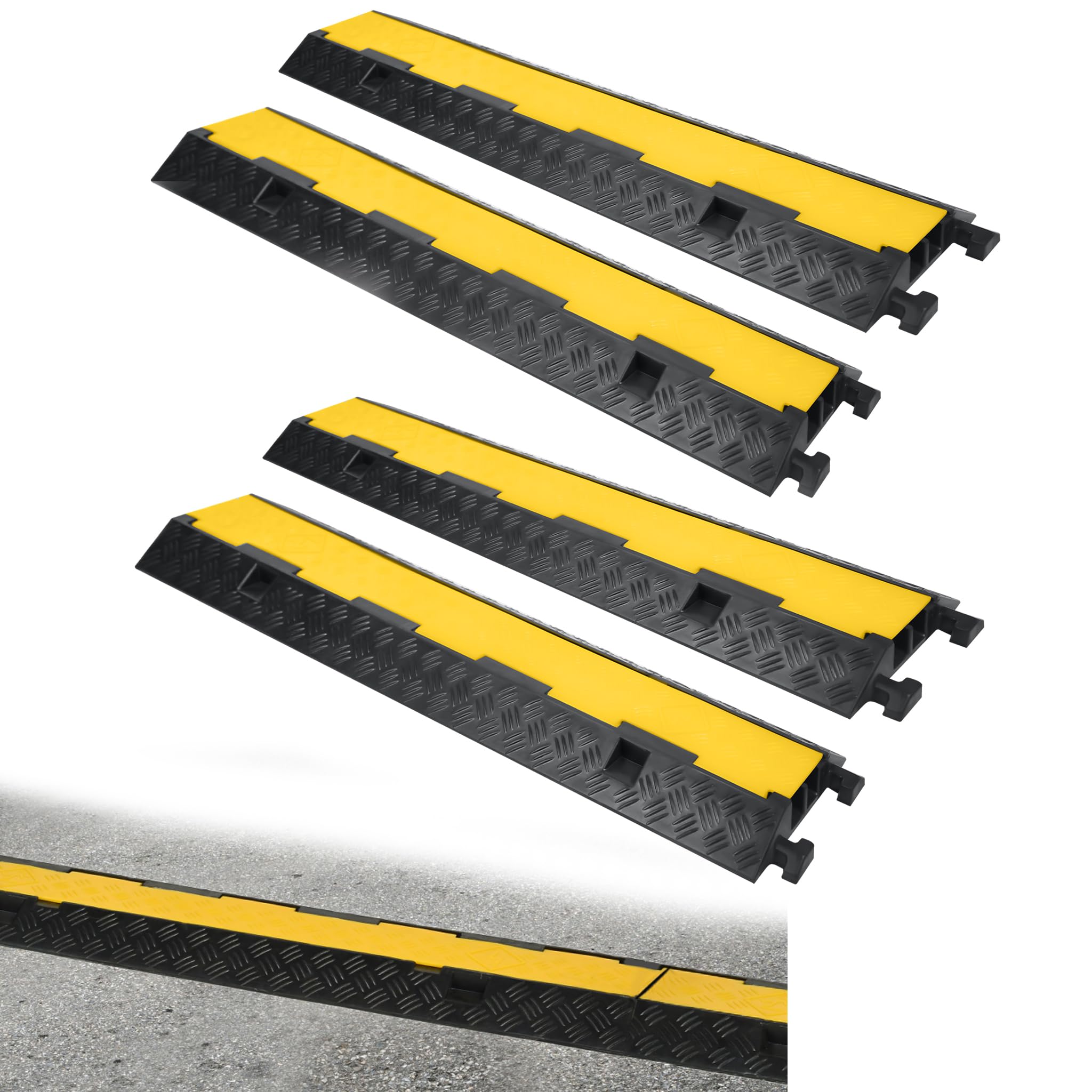 4 tappetini protettivi per cavi, 101 x 25 x 5 cm, ponte, per pavimento, per pavimento, per pavimento, per cavi, per pavimenti, canalina per cavi in gomma con 2 canali (nero/giallo)