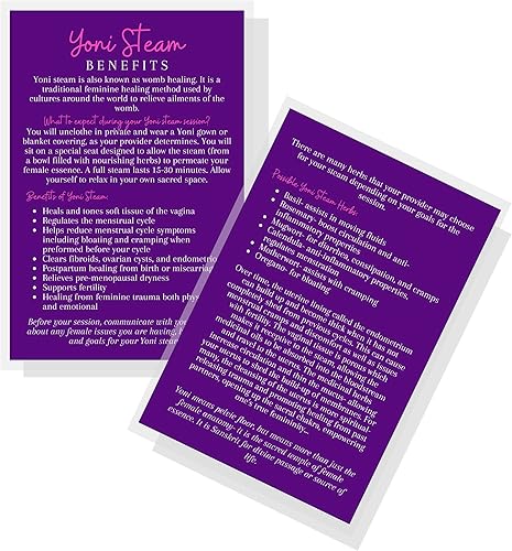 Yoni Steam Benefits Infocards Paquete de 30 Tamaño de postal grande de 4 x 6 pulgadas Morado con diseño rosa, morado, rosa, blanco