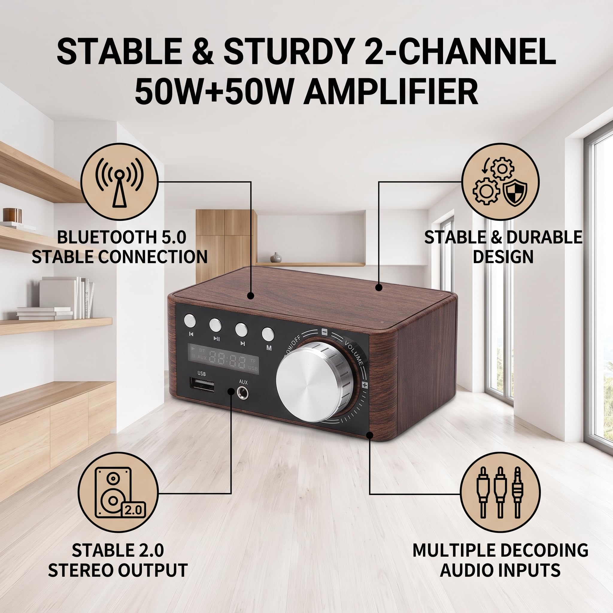Eujgoov Mini Amplificateur de Puissance Bluetooth 5.0 Récepteur Audio Stéréo HIFI Double Canal 50W avec Entrée Audio 3.5mm USB et Carte Mémoire Sortie 100W