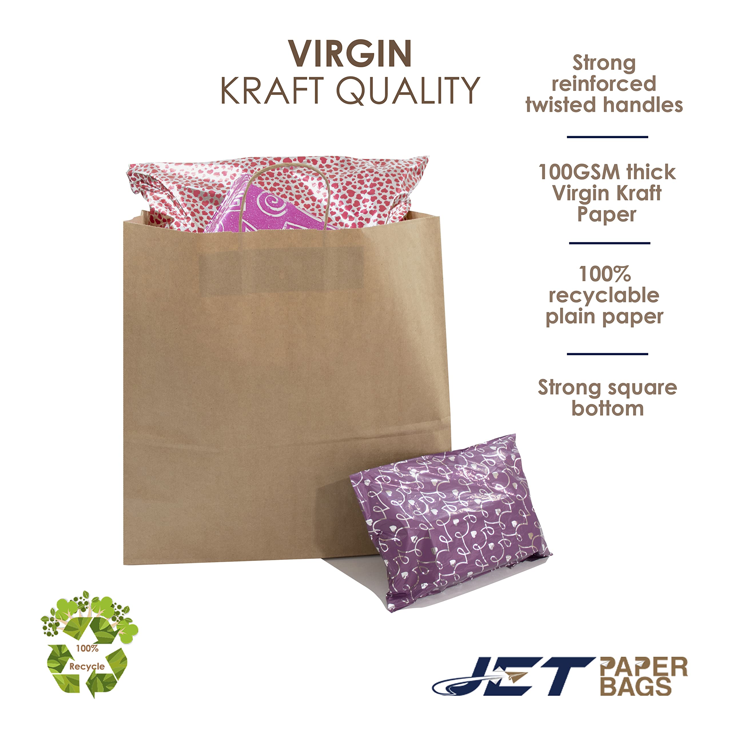 JET PAPER BAGS Sacchetti regalo in carta kraft vergine con manici ritorti, ideali per fai da te, affari, asporto, generi alimentari, bene, shopping, imballaggio e merce, 45,7 x 17,8 x 45,7 cm