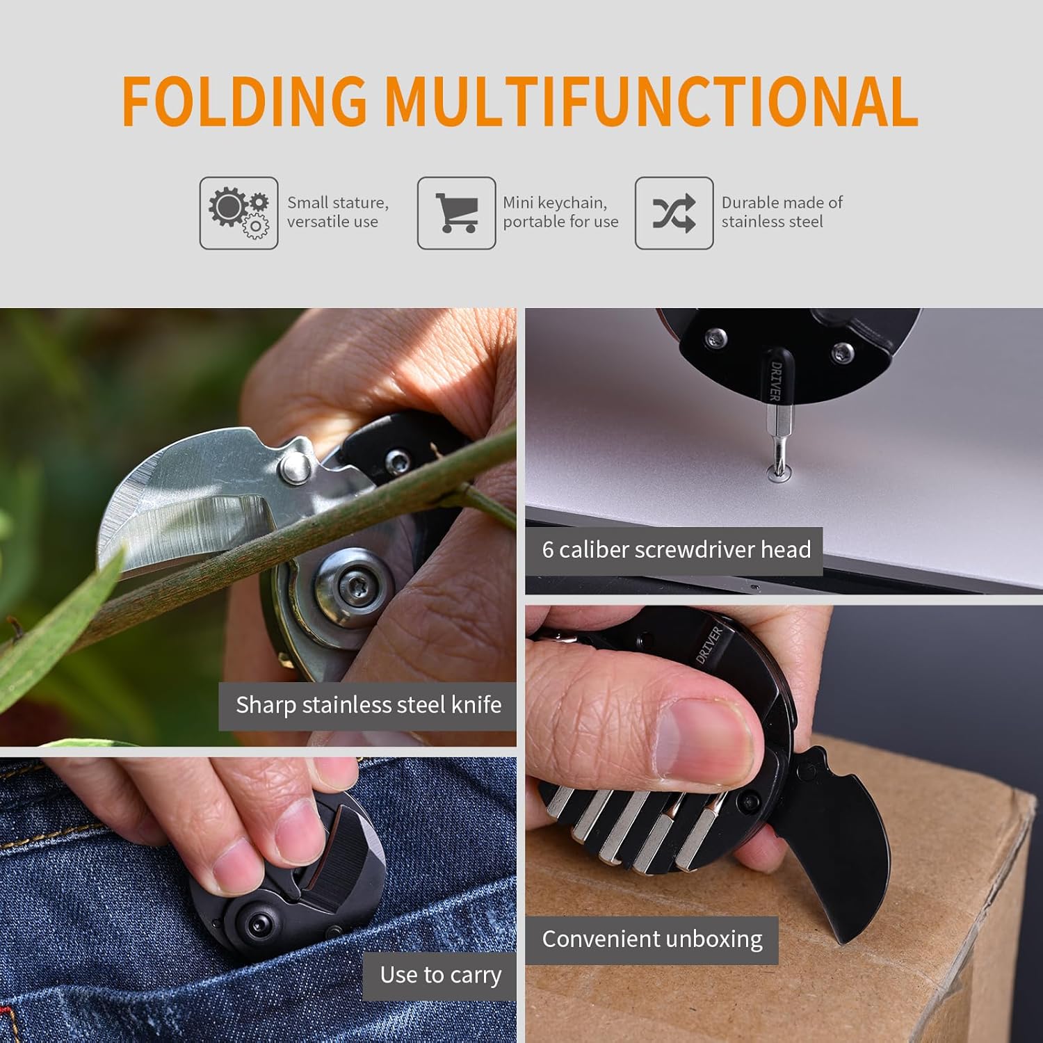 7-in-1 mini outdoor folding multifunctional tool - Small EDC Multitool with Screwdriver Set - portable pocket pendant -Compact Manual Tool (Black stainless steel)