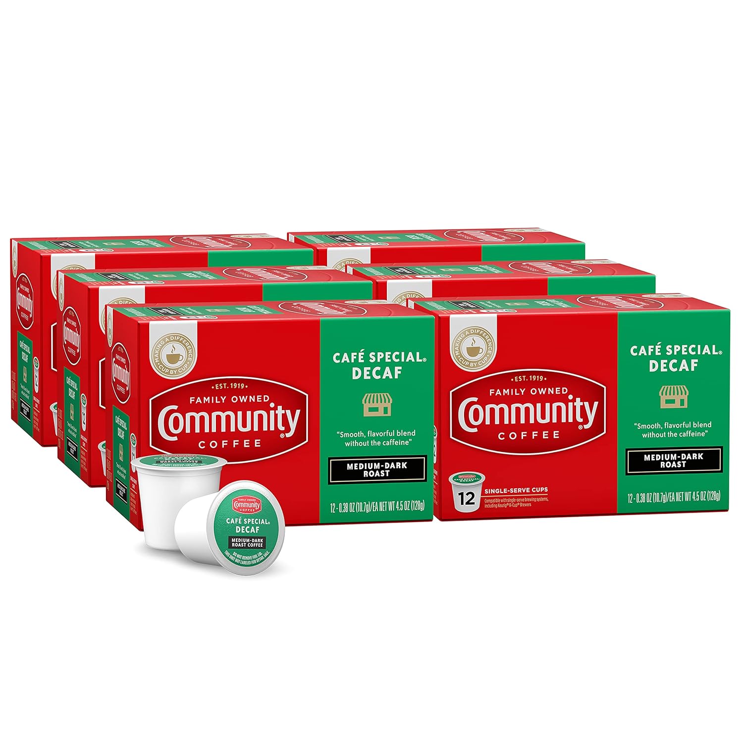 Community Coffee Cafe Special Decaf 72 Count Coffee Pods, Medium Dark Roast Decaf, Compatible with Keurig 2.0 K-Cup Brewers, 12 Count (Pack of 6)