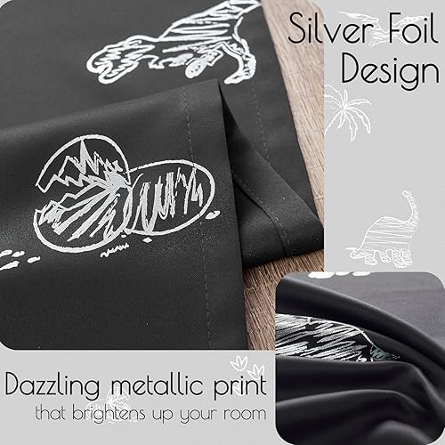 Miniatura 4 de Vangao Cortinas opacas negras de dinosaurio para niños, habitación de guardería, habitación de niñas, estampado de dinosaurios plateados, cortinas