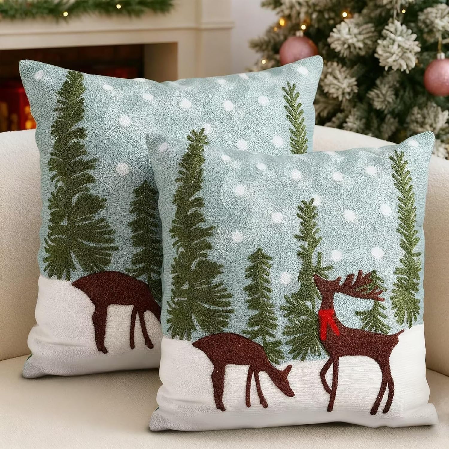 Christmas Throw Pillow Covers 18x18 Set of 2 Winter Xmas Decorations Embroidered Reindeer Throw Pillows Plush Faux Fur Cushion Covers Pillow Cases for Couch Sofa Living Room Home Decor, Reindeer
