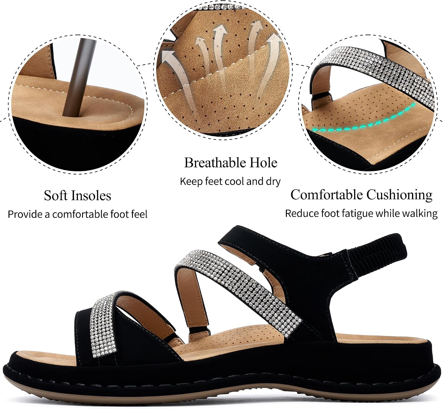 Womens Sandals Dressy Comfortable: Arch Support Soft Insole Sandal for Women - Rhinestones Casual Walking Summer Shoes