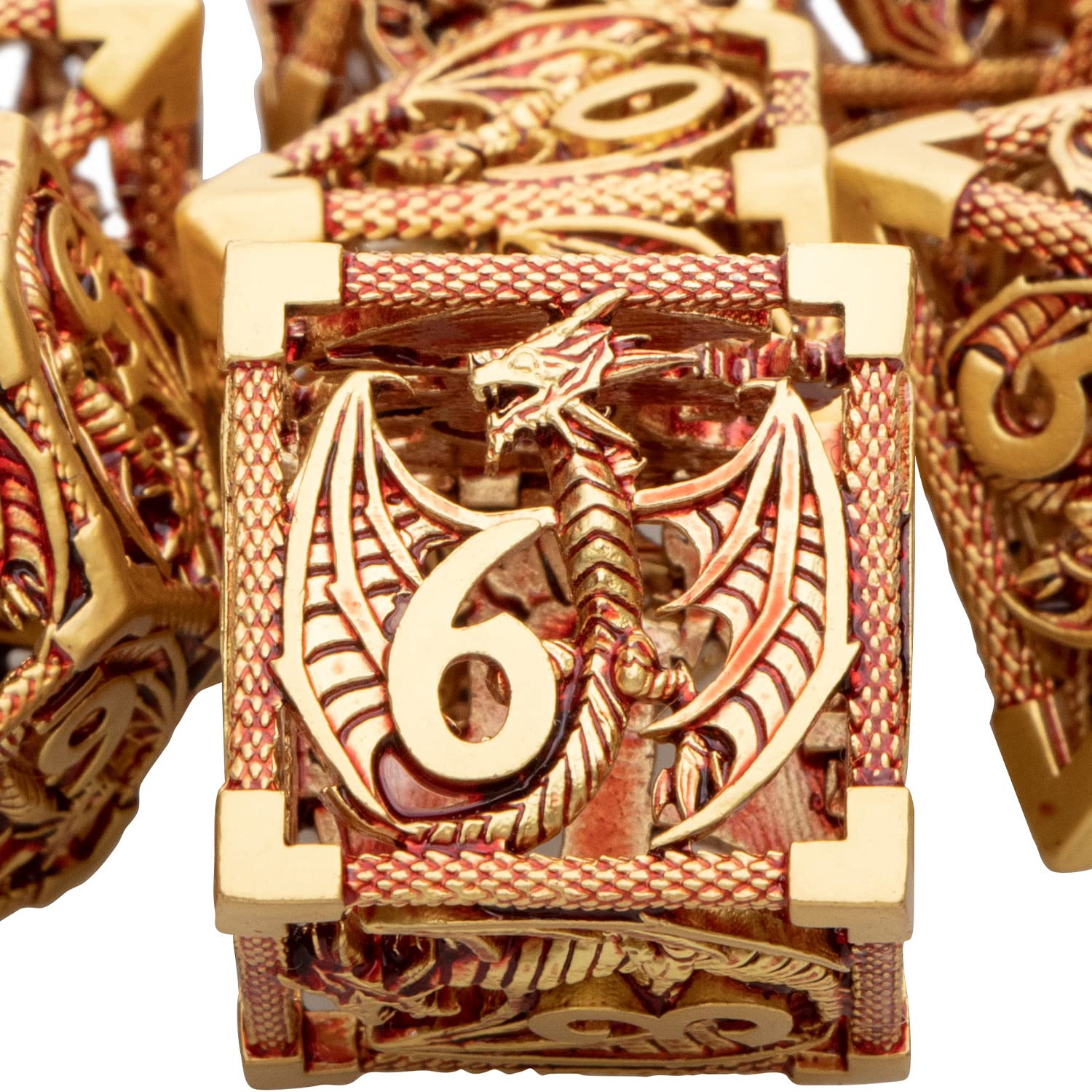 ARUOHHA Hollow DND Dice Set 7PCS Golden Red Dragons Metal Dice with Gift Box, D and D Dice RPG Role Playing Games, Dungeons Polyhedral Dice Set D20 D12 D10 D8 D6 D4