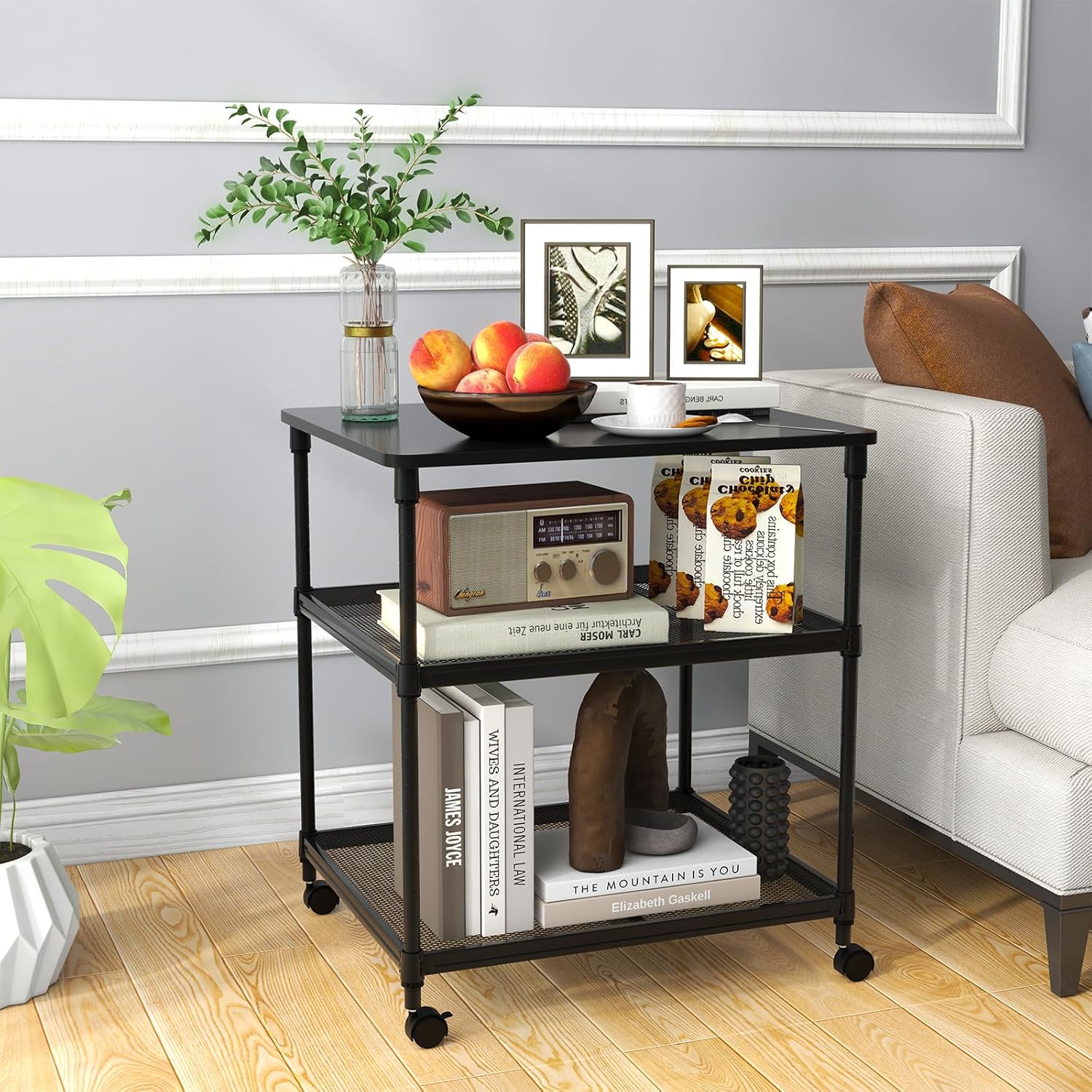 Giantex Printer Stand, 3-Tier Industrial Printer Cart with Lockable Wheels, Adjustable Shelves, Metal Frame, Mobile Under Desk Shelf for Home Office, Printer Table Fit Fax Machine, Scanner (Black)
