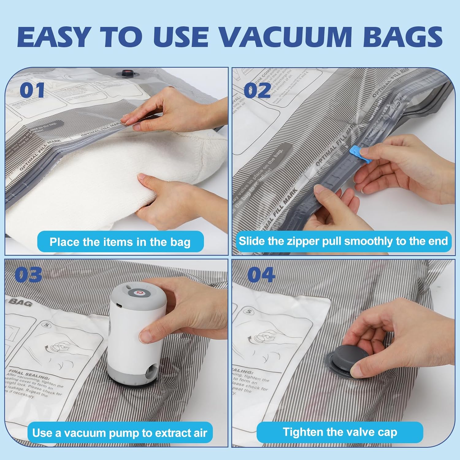 Travel Vacuum Storage Bags with Rechargeable Air Pump, 12 Pack Portable Space Saver Bags, Compression Bags for Clothing, Bedding, Seasonal Storage & Packing Bags for Moving - Image 8