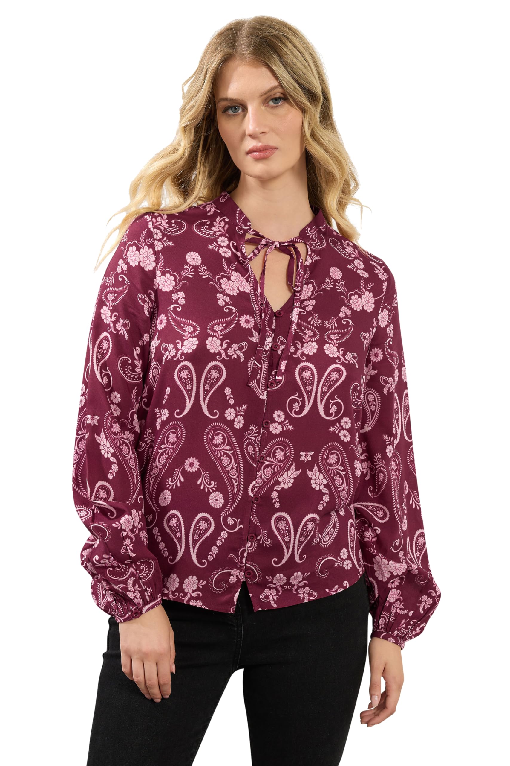 Long Tall Sally - LTS Tall Paisley Button Tie Blouse - Women's Dark Pink