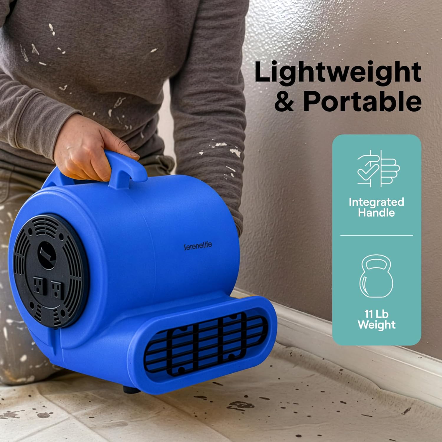 SereneLife Air Mover Blower Fan 1000 CFM – Powerful High Performance 3-Speed Fan for Floor & Carpet Drying, Portable Floor Fan w/Adjustable Tilt, Plug Multiple Units for Home Garage & Restoration Use