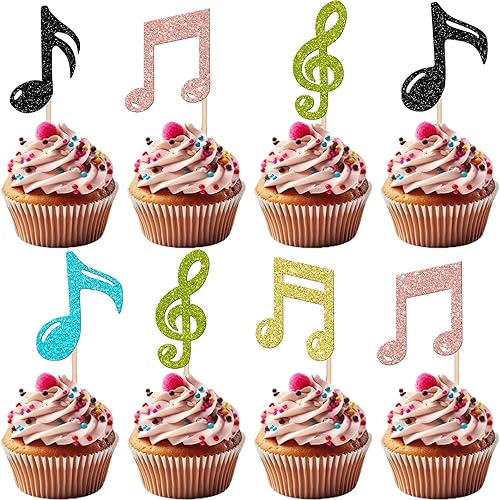 Paquete de 30 notas musicales para cupcakes, símbolos musicales con purpurina para músico, concierto de rock, niños, cumpleaños, baby shower, boda,