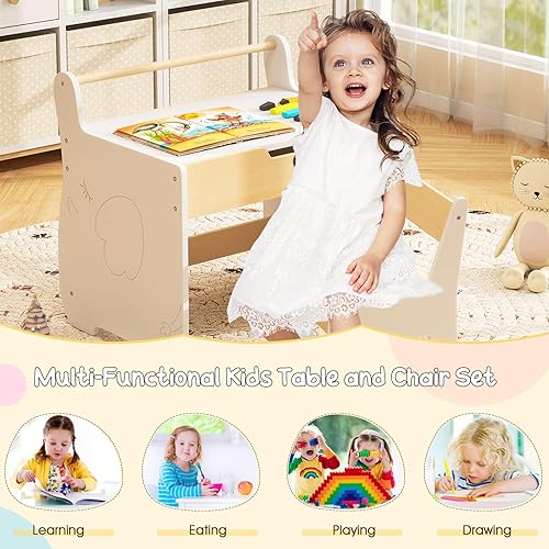 Miniatura 13 de Costzon Juego de mesa y silla para niños, mesa de arte con rollo de papel, cajón, 2 rotuladores, mesa de actividades de madera, adecuada para sala