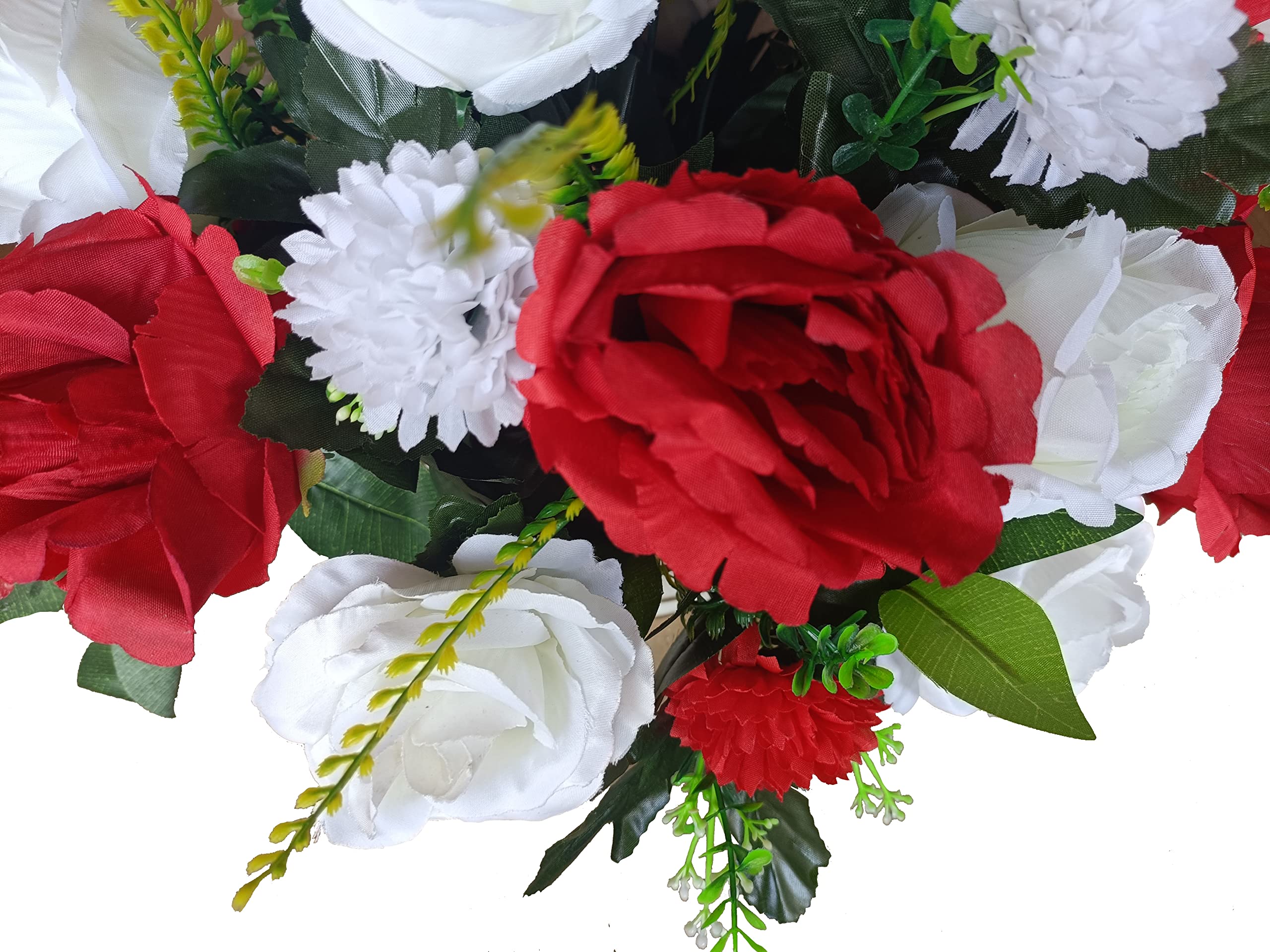 DRW Centro de Flores Artificiales Cementerio, Santos, Aniversarios Redondo Rosas Blancas y Rojas 45 cm diámetro x 35 cm Alto