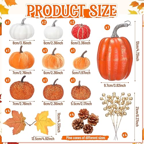 Miniatura 2 de Juego de 24 calabazas de decoración de otoño, decoraciones de Acción de Gracias, incluye calabazas artificiales falsas, piñas, bayas, hojas de arce