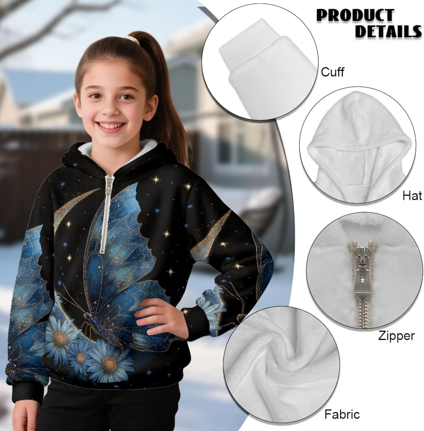 Girl Half Zip Fleece Sweatshirt Quarter Zip Hooded Sweatshirt Home Jumping 1/2 Zip Pullover Hoodie For 4-15 Y