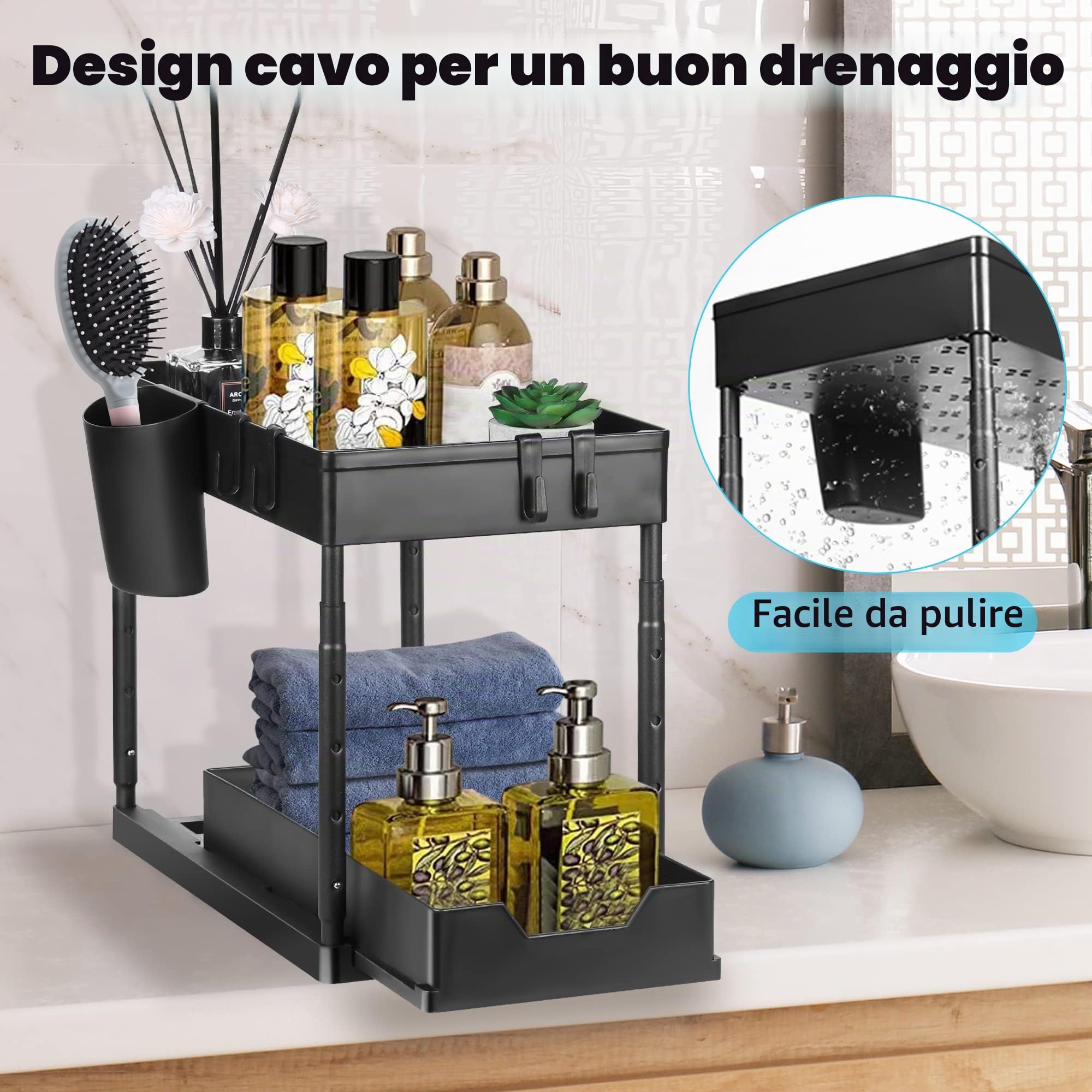 Eufrozy Confezione da 2 Organizer Sottolavello a 2 Ripiani, Ripiani Sottolavello con 8 Ganci e 2 Tazze e 1 portasapone, Scaffale Multiuso Regolabile in Altezza per Cucina, Bagno, Nero