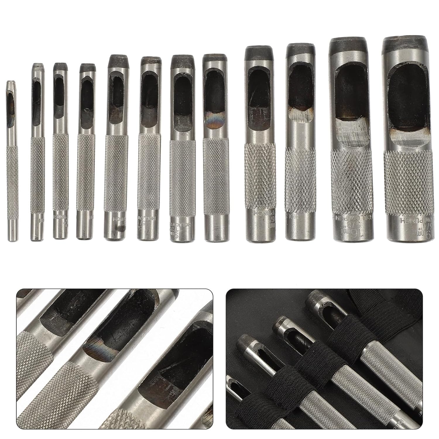 Mikinona 12pcs Leather Hole Punch Set, Belt Hole Puncher with 3-19mm Hollow Punch Tools for DIY Leather Craft, Carving, and Belt Making
