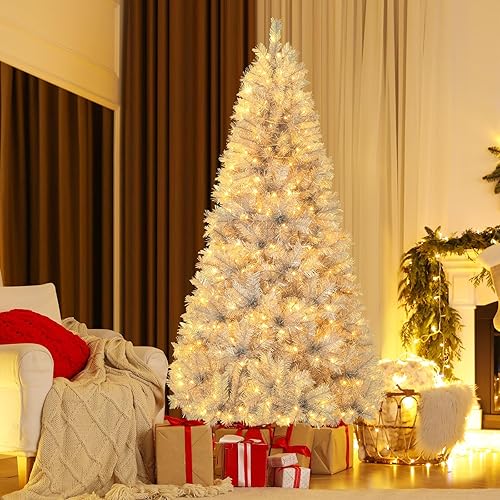 Miniatura 213 de Goplus - Árbol de Navidad artificial preiluminado de 9 pies, pino nevado articulado de PVC de alta calidad con base metálica y luces LED, decoración