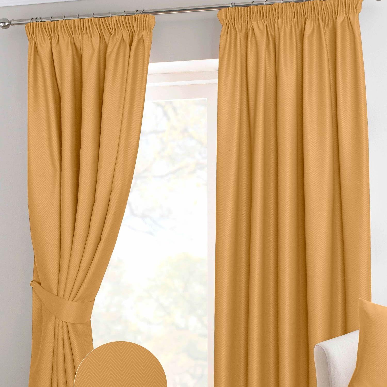 HOMESCAPES Mustard Yellow Pencil Pleat Blackout Thermal Curtain Pair Width 117cm (46") x 182cm (72") Drop Herringbone Chevron Textured Retro Geometric Design. FREE SWATCHES