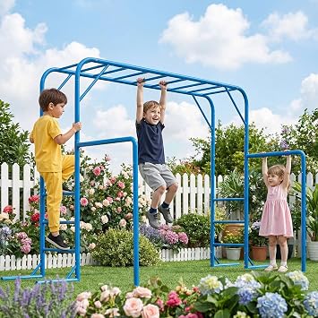 Monkey Bars with Gymnastics Bars, Heavy Duty Metal Monkey Bar Set for Backyard, Weather-Resistant Outdoor Playset, Space-Smart Design, with 12 Anchors, Blue