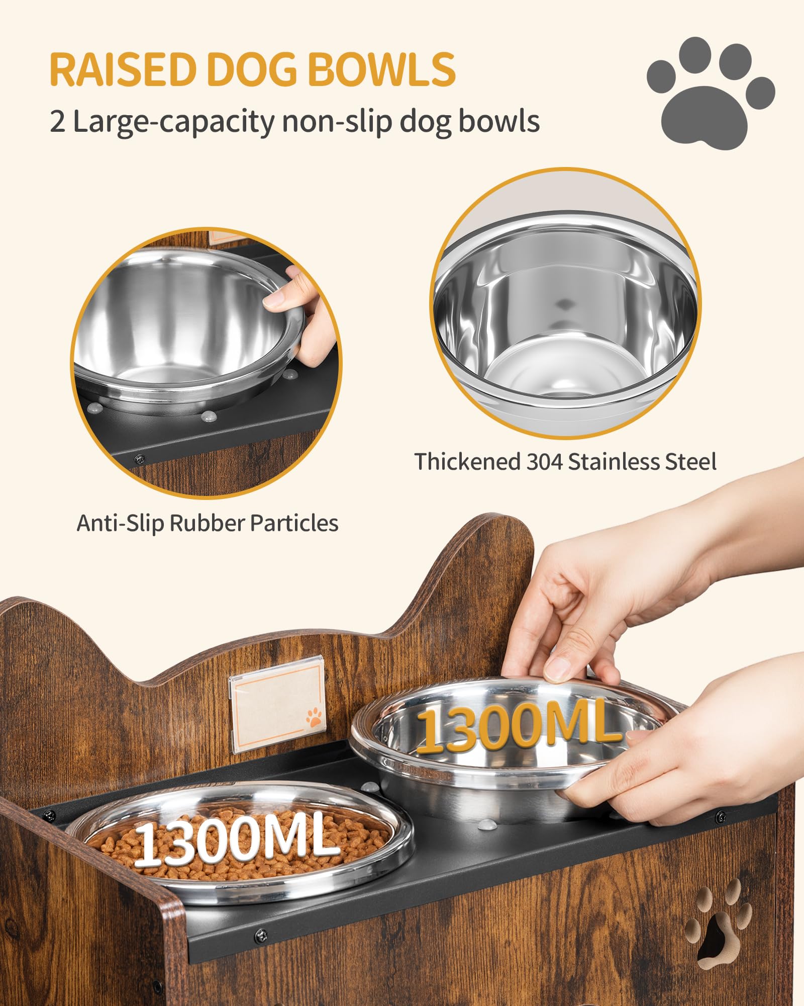 Hzuaneri Comedero Perro Elevado, Comedero Elevado Perro con 2 Cuencos de Acero, Antideslizante y a Prueba de Salpicaduras, Marrón y Negro PB01601B