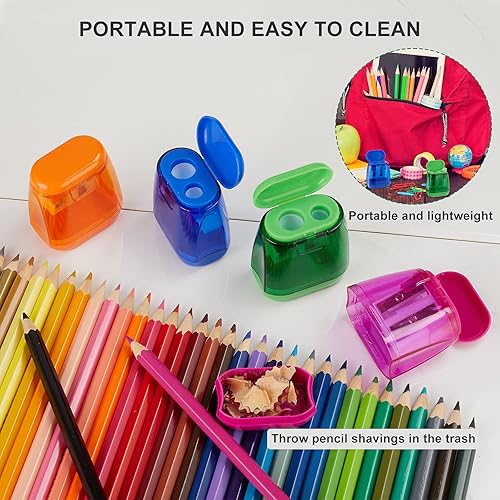 Miniatura 5 de Sonuimy Sacapuntas manuales, 4 sacapuntas manuales, doble agujero, compacto, de color, sacapuntas de mano para niños con tapa, adultos, estudiantes,