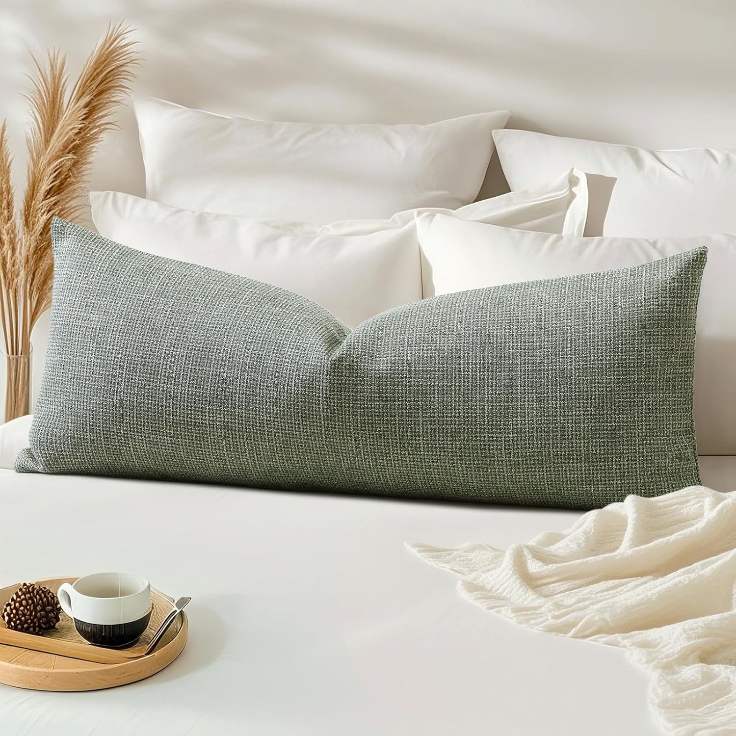 otostar linen throw pillow cover set of 1 decorative long lumbar pillowcase rectangle cushion cover 14x36 inch for home decor sofa bedroom car 35 x 90cm olive green olive green 36" x 14" (pack of 1)