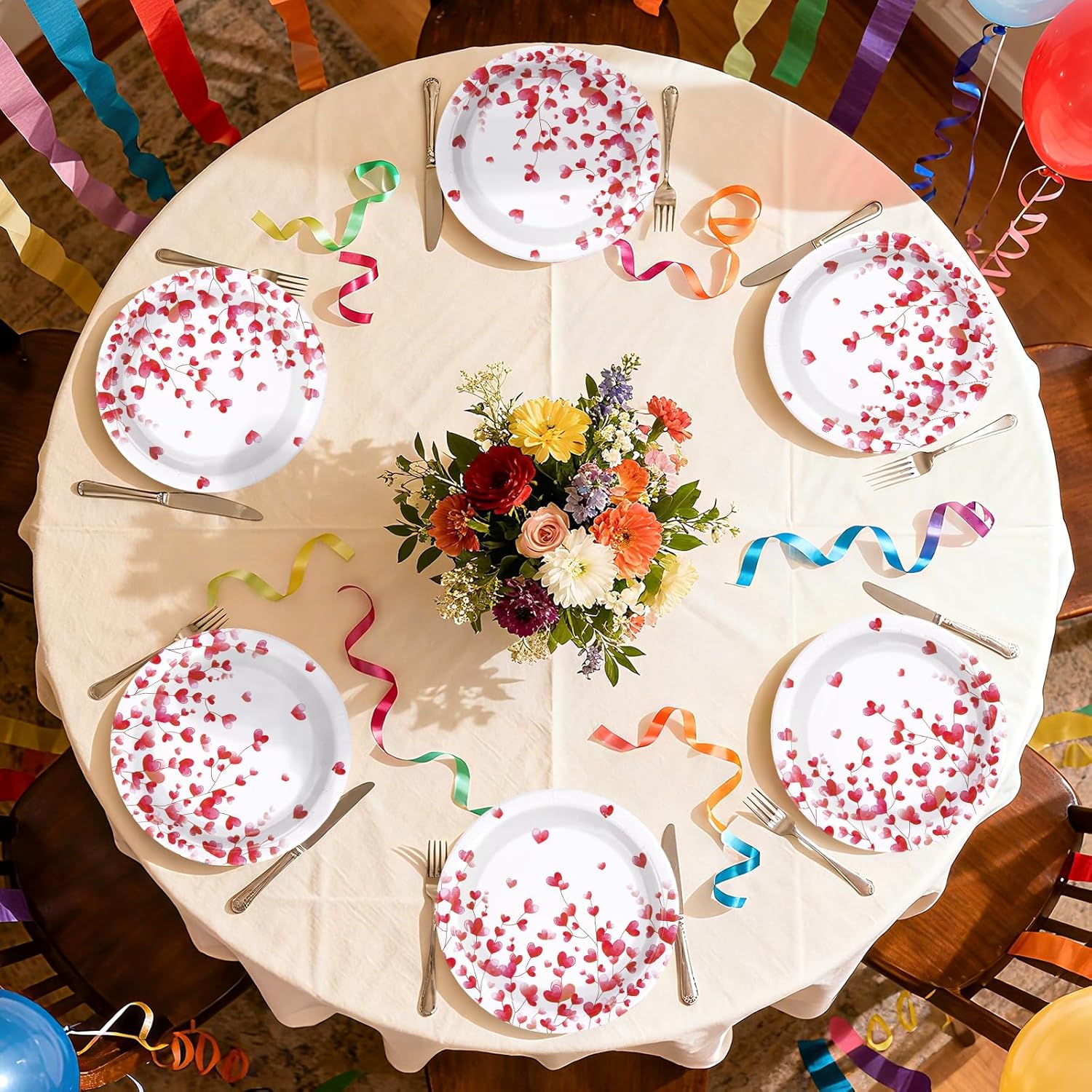 50 Pcs Valentine's Day Paper Plates 10" Large Heavy Duty Love Heart Dessert Plates Disposable Love Flowers Party Supplies for Valentines Day Wedding Anniversary Engagement Birthday Party Decorations