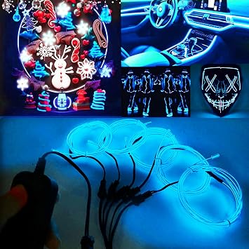 [New Hard Version ] 5 Splitter 2Meter Neon EL Wire, Ourbest 3Mode Stay/Slow/Fast Flash led strip lights for battery operated neon sign Cosplay Party Decorations Icyblue