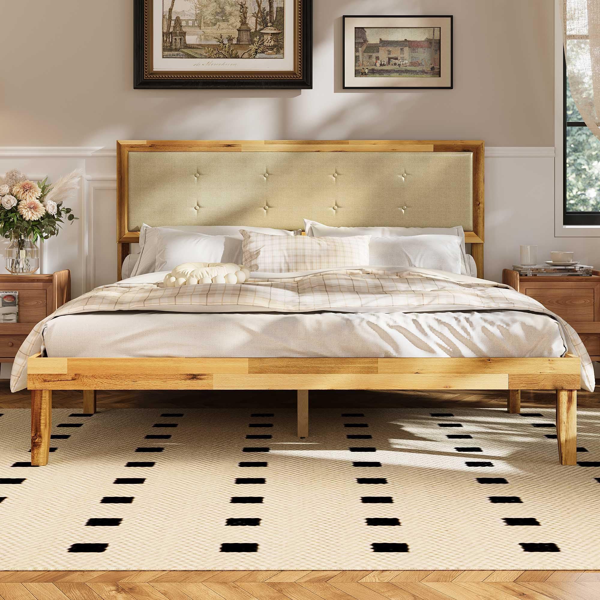 82.2" Queen Size Bed Frame, Tall Heavy Duty Platform Bed Queen Size, Bedframe No Box Spring Needed with Wood Frame, Upholstered Headboard, 9 Wooden Legs for Bedroom, Natural